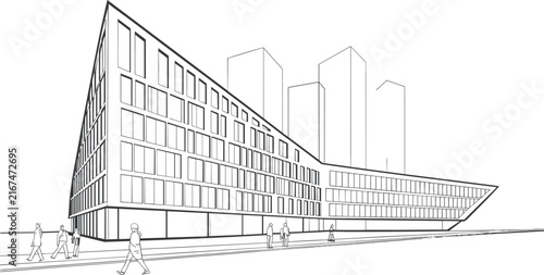 Unveiling Modern Triangular Office Building Architecture with Pedestrians and Cityscape Background Line Art Vector Illustration