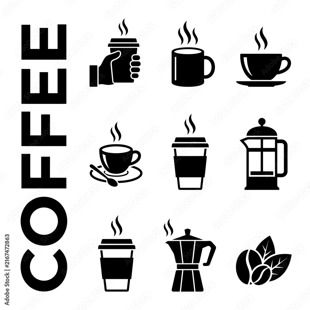 Fototapeta premium Comprehensive coffee icon set featuring beverage symbols, caffeine elements, and various hot drinks with essential espresso equipment for cafe