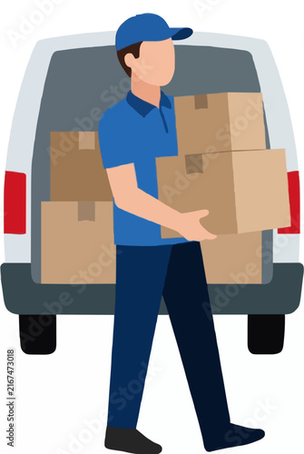 Hand-traced vector illustration of a dedicated delivery man carrying stacked cardboard boxes beside a van, featuring clean minimalist style and flat colors perfect for logistics concepts.