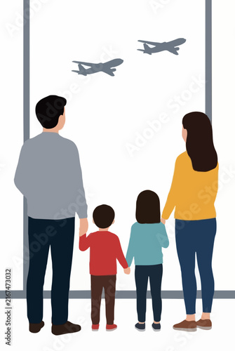 Family of four watching airplanes through airport terminal window vector illustration, hand drawn minimalist style capturing travel together, vacation anticipation, childhood wonder, aviation