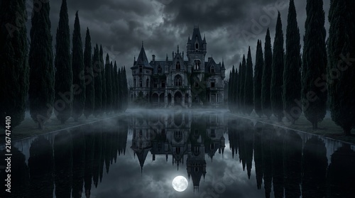 Gothic castle reflected in dark still water surrounded by symmetrical cypress trees under dramatic night clouds and full moon for artistic dark fantasy composition needs.