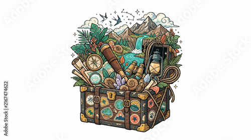Vintage Travel Trunk Filled with Adventure Gear and Treasures.