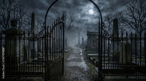 Halloween spooky cemetery gate opens to foggy graveyard with full moon light and ancient tombstones creating eerie atmosphere for holiday celebrations and scary concepts.
