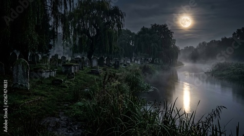 Moonlit spooky cemetery by riverbank with fog and weeping willow trees casting dark shadows creating mysterious atmosphere for Halloween holiday and horror themes.