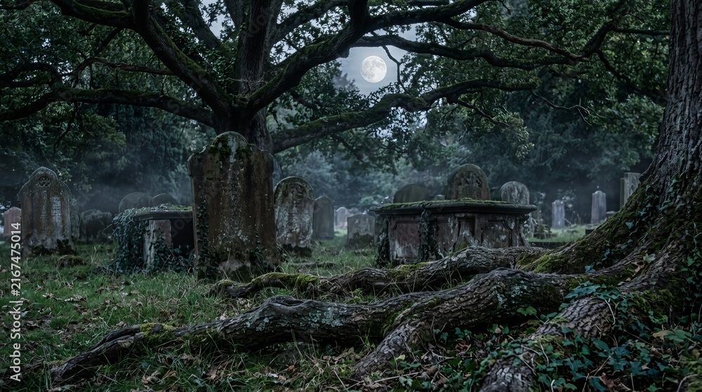 Naklejka premium Aged tombstones and mausoleums in misty graveyard under large ancient tree and full moon creating a somber and ethereal atmosphere for memorial or Halloween visuals.