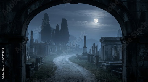 Pathway through misty cemetery with ornate tombs and headstones under a full moon, evoking a sense of history and solemnity for a mysterious and gothic setting.
