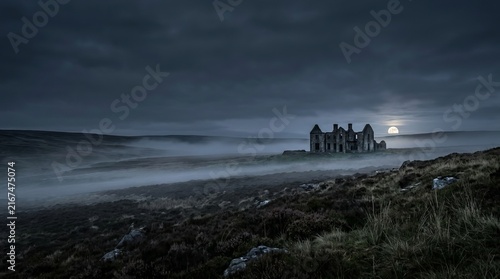 Ruined castle on misty moorland under a large full moon creating an atmospheric and haunting landscape perfect for fantasy or mystery.