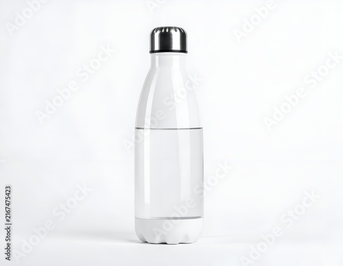 White metal thermos with silver cap on white background.