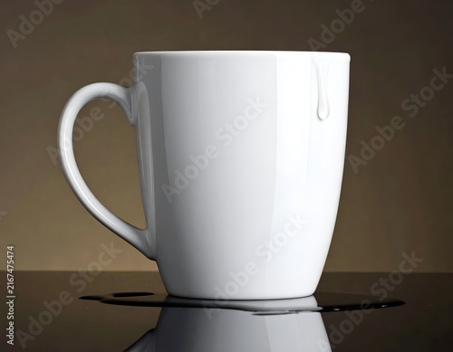 White mug with water droplet on dark surface.
