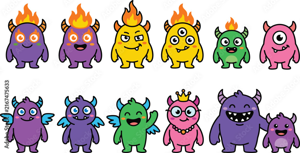 Fototapeta premium Cute Cartoon Monster Characters Set with Fire, Horns, Wings, and Crown for Kids, Halloween, and Fantasy Designs