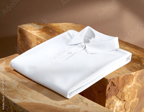 White polo shirt mockup on textured stone pedestal.