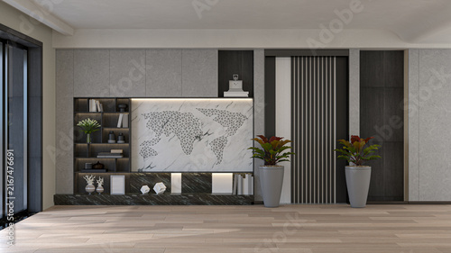 Konstfotografi Sophisticated empty interior room background featuring elegant grey stone textures, dark wood shelving, and a striking geometric wireframe world map on a white marble backdrop