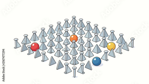 Isometric illustration of colorful spheres amidst metallic pushpins, symbolizing leadership and uniqueness