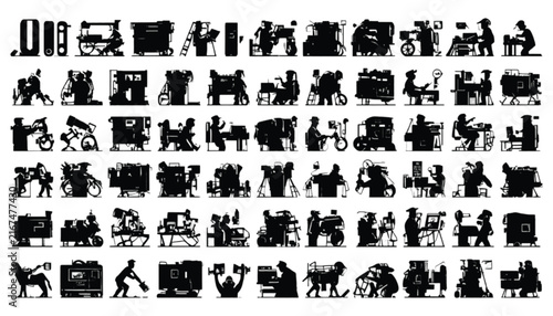 Numerous small black silhouette vignettes illustrating historical and modern transportation methods, including carts, bicycles, and early vehicles, on a white backdrop.