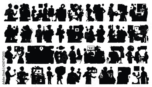 A collection of black silhouette icons depicting diverse individuals performing actions related to work, technology, and daily life, suitable for infographics and presentations.
