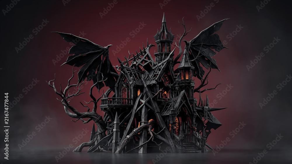 Fototapeta premium Modern Surrealist Halloween Scene with Architectural Bat Shapes