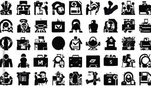A compilation of solid black silhouette icons depicts office scenes, professional figures, and common workplace objects for commercial use.