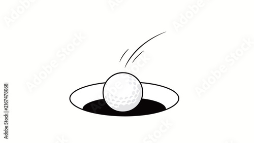 Minimalist Line Art Illustration of a Golf Ball Dropping Into Hole with Motion Lines