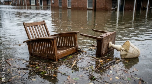 Old, submerged furniture pieces in floodwater