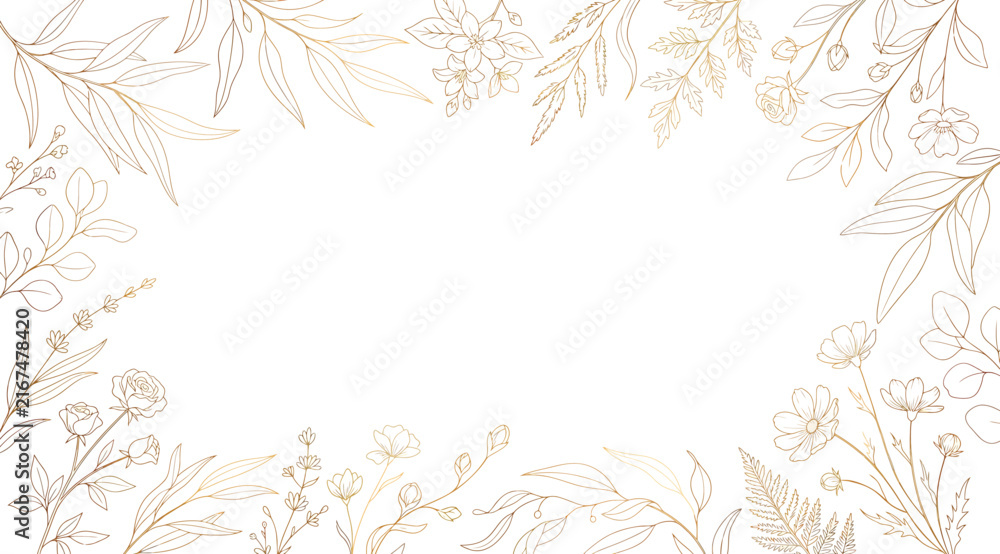 Naklejka premium Golden floral frame border, handdrawn botanical illustration