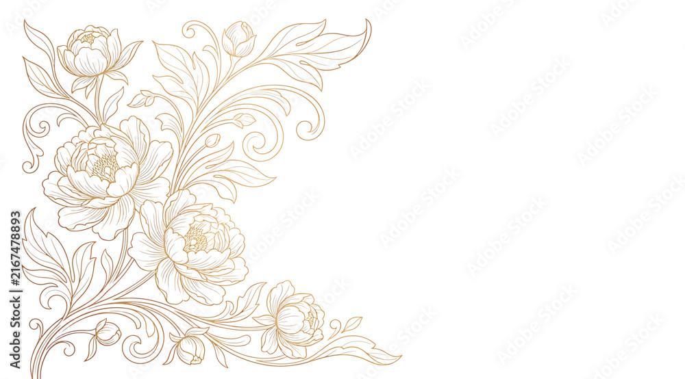 Fototapeta premium Elegant golden floral corner ornament, handdrawn botanical illustration