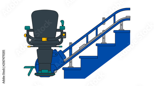 Modern stairlift for home accessibility on blue stairs providing mobility assistance for seniors in flat vector style