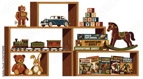 Vintage childhood toy collection on wooden shelves featuring retro robot, steam train, teddy bear, and classic books vector