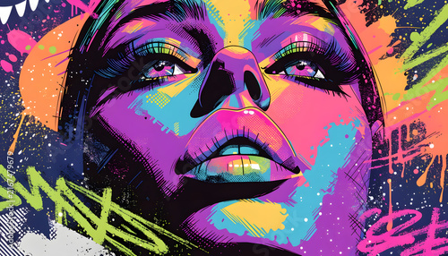 Vibrant neon graffiti pop art portrait of woman. Street art culture and creative urban youth lifestyle. Colorful spray paint illustration of female face looking upward
