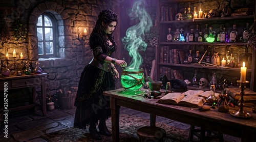 A mysterious witch conjures a glowing green potion in her dimly lit ancient and magically adorned laboratory on