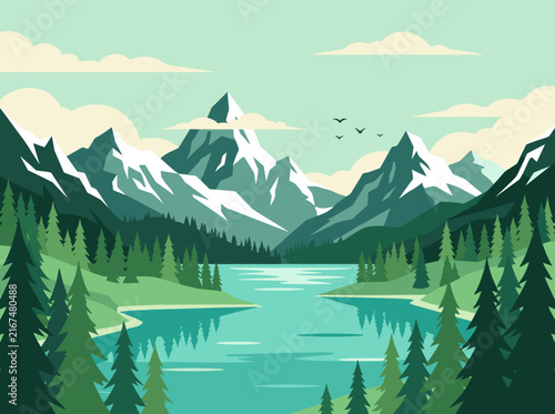 Serene mountain landscape with lake and pine forest under blue sky.