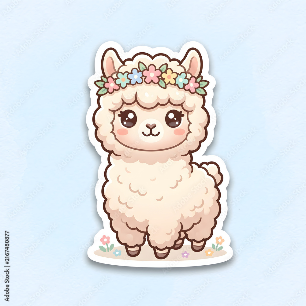 Naklejka premium Cute kawaii baby alpaca wearing a cozy knitted wool hat, isolated on a soft light background, charming hand-drawn animal illustration.