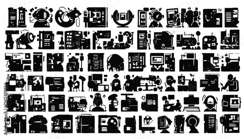A large compilation of small black and white icons representing technology and office equipment is arranged in a grid on a plain white background.