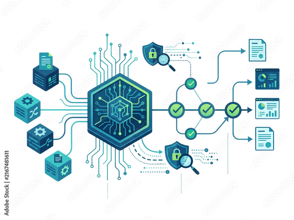 Obraz premium Modern data processing workflow with blockchain security and analytics visualization transparent background