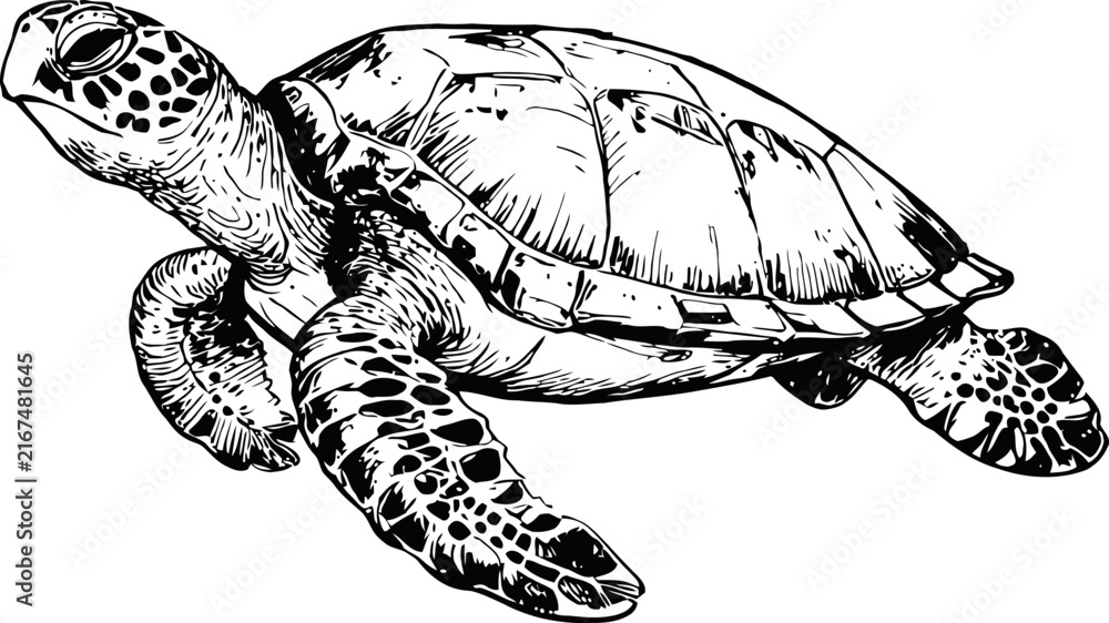 Fototapeta premium Black and white illustration of a sea turtle swimming with detailed shell and flippers