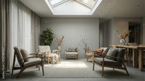 Co living common room featuring mismatched curated armchairs and long wooden table in bright shared lounge