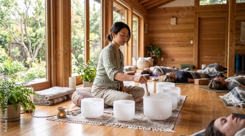 Therapist conducting sound bath with crystal singing bowls for group