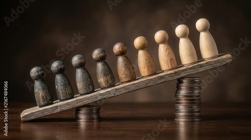 Wooden human figures on a tilted plank representing social inequality and economic gap.