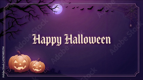 Happy Halloween greeting card template with glowing pumpkins and bats, spooky purple background, seasonal holiday design Halloween.PNG