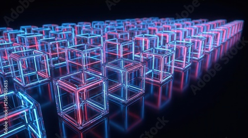 Transparent glass cubes in blue and red light creating a digital abstract data visualization.