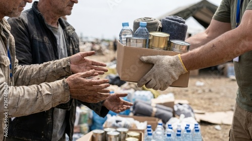 Volunteers distributing essential aid supplies and resources.