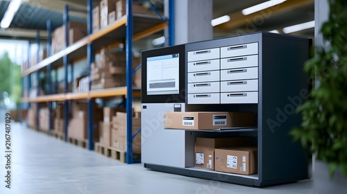 Modern parcel return station in a well organized warehouse with shelves and boxes in the background
