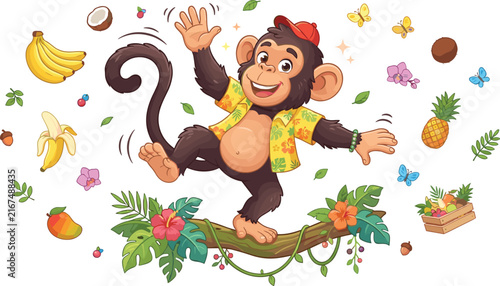 Photography Cute cartoon monkey vector illustration dancing on vine with tropical fruits lea