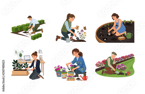 Set of illustrations featuring people gardening, planting flowers, and working with soil in various settings