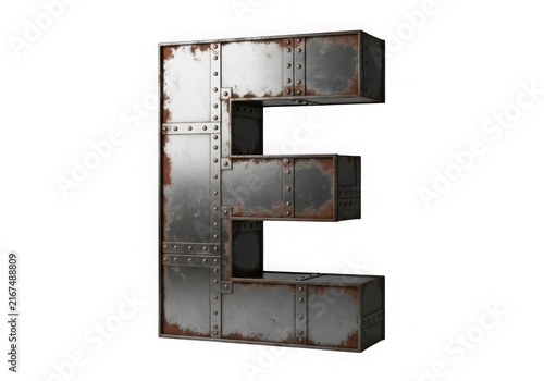Large 3d letter e made of heavy industrial metal with visible rust and steel rivets isolated on transparent background