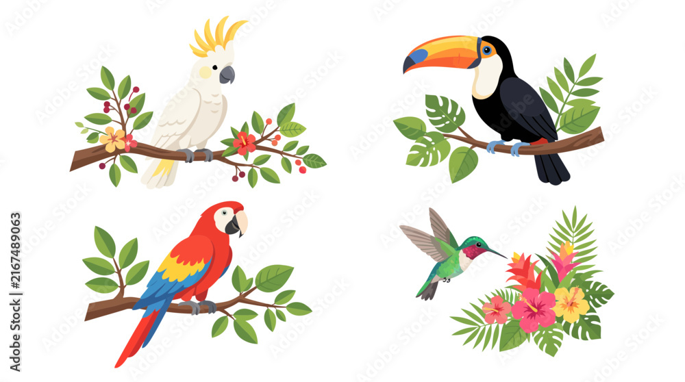 Naklejka premium Flat vector illustration set of exotic tropical birds including cockatoo, toucan, parrot, and hummingbird with flowers and leaves