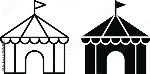 Circus tent icon in outline and solid black style vector design with carnival tent festival tent event sign