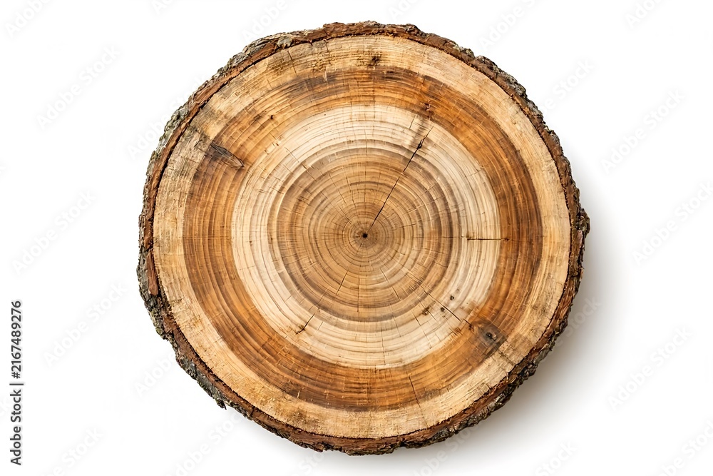 Fototapeta premium Top view of a round wood cross section with distinct annual growth rings and rough bark, isolated on a clean white background