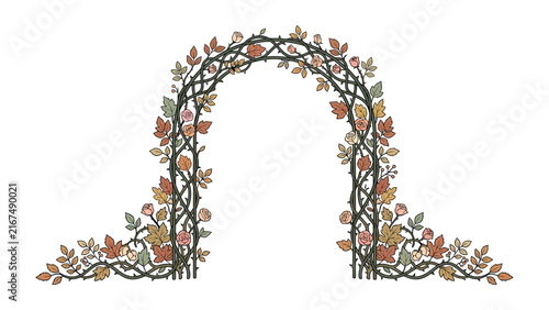Foto Floral Archway: An ornate garden archway elegantly entwined with climbing vines and autumn leaves, creating a picturesque entrance and a symbol of nature's beauty and transition