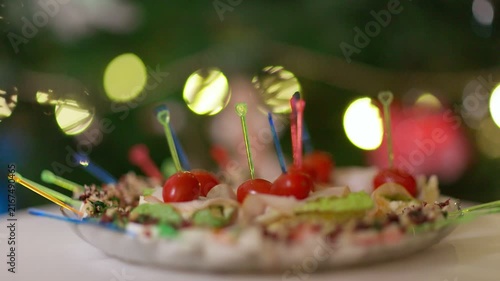 Festive Party Appetizers with Cherry Tomatoes and Bokeh Lights