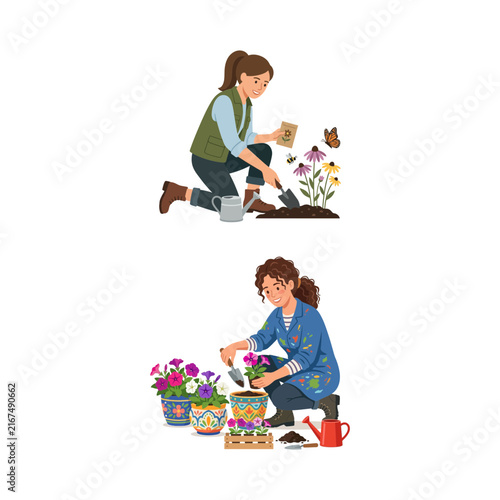 Two women gardening in a flat vector illustration style planting flowers in soil and decorative pots